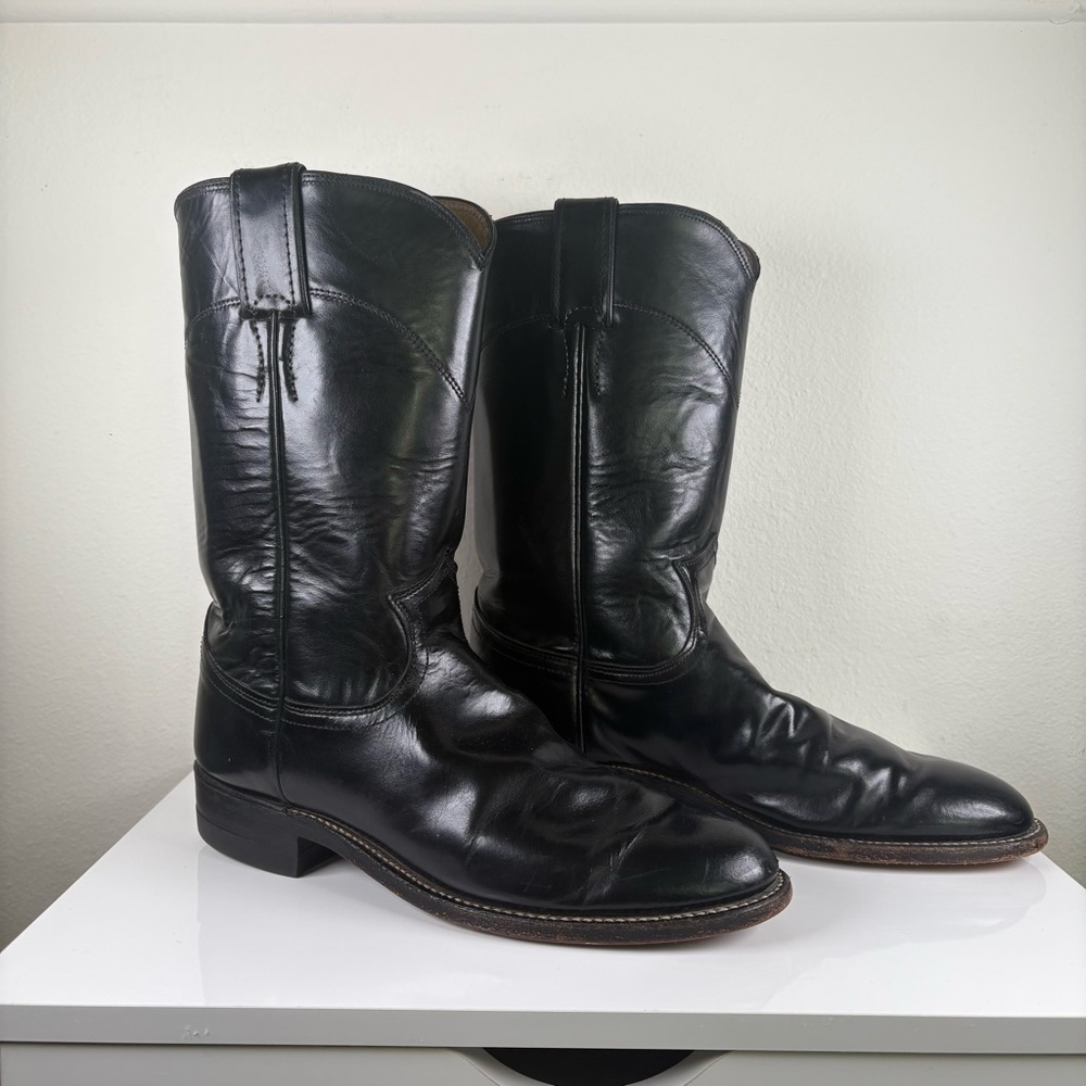justin black leather western cowboy boots usa made vintage square toe